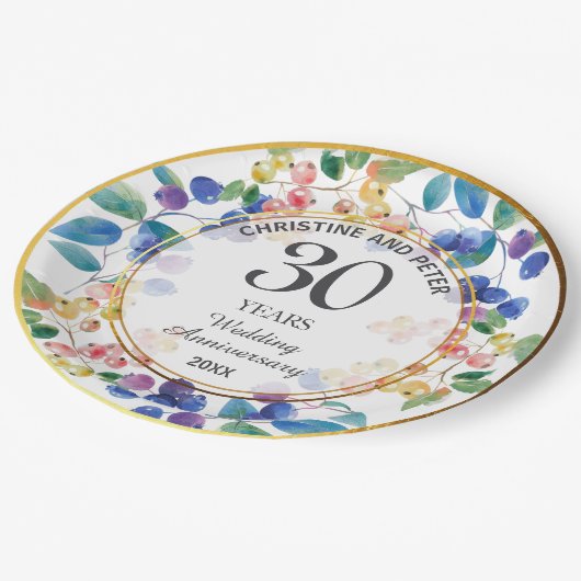 任意結婚の記念日(30)金ゴールドフレームベリー ペーパープレート (アングル)