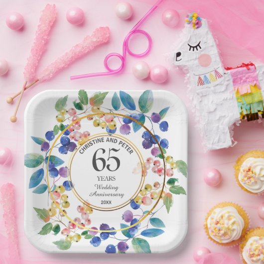 任意結婚の(65)記念日金ゴールドフレームベリー ペーパープレート (パーティー)