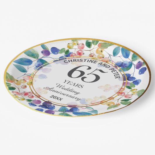 任意結婚の(65)記念日金ゴールドフレームベリー ペーパープレート (アングル)