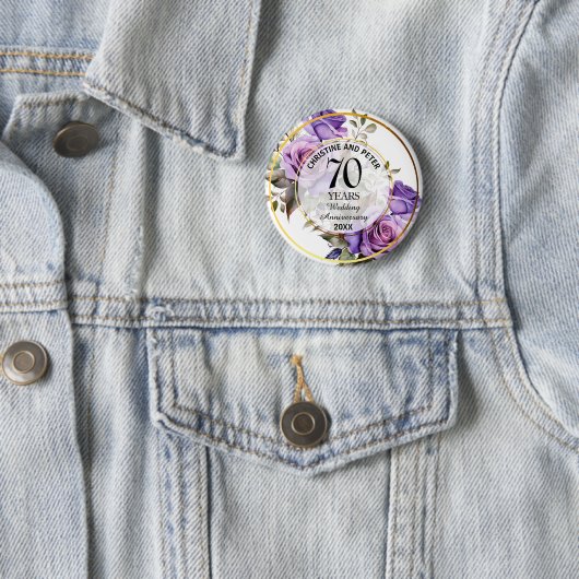 任意結婚(70)の金ゴールド・フレームバラの記念日 缶バッジ (インサイチュ)