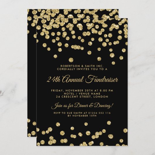 企業のな募金活動の金ゴールドのグリッターの紙吹雪の黒 招待状 (正面/裏面)