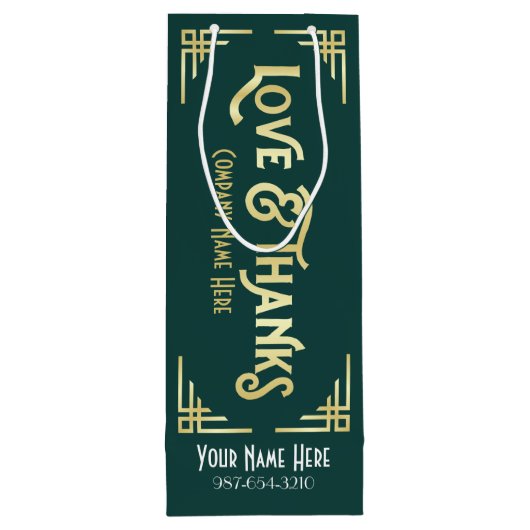 企業のアールデコラブ&感謝してい金ゴールドグリーンギャツビー ワインギフトバッグ (裏面)