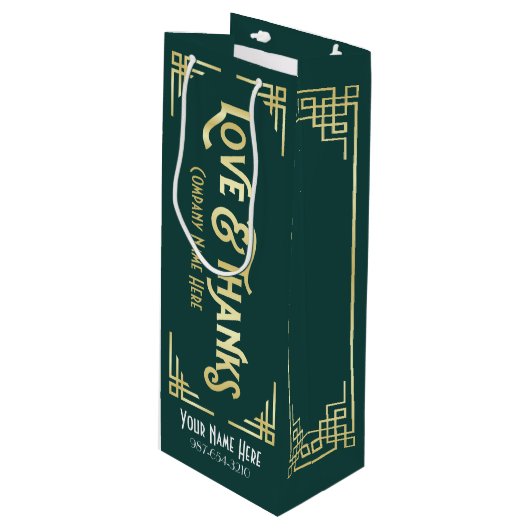 企業のアールデコラブ&感謝してい金ゴールドグリーンギャツビー ワインギフトバッグ (正面アングル)