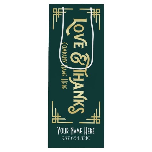 企業のアールデコラブ&感謝してい金ゴールドグリーンギャツビー ワインギフトバッグ (正面)