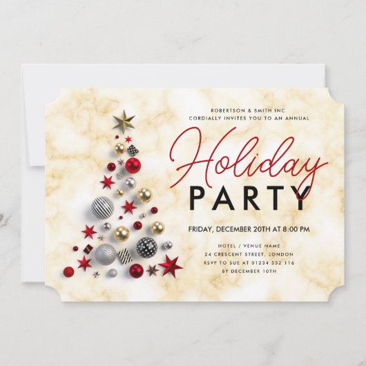 企業のクリスマスツリーホリデーパーティーマーブル金ゴールド 招待状 (正面)