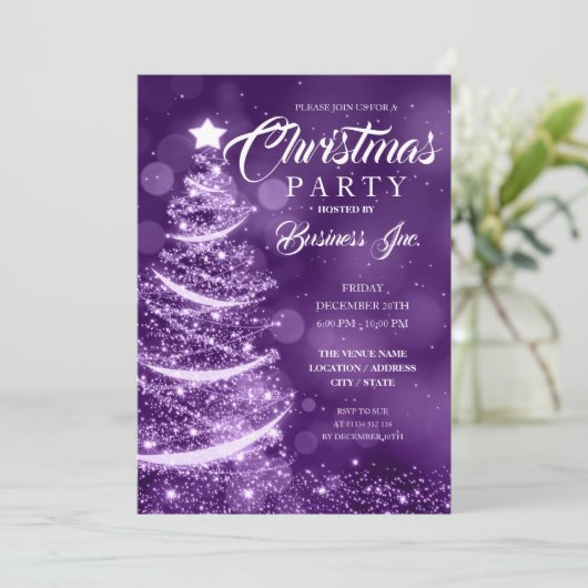 企業のクリスマスツリー輝く紫パーティー 招待状 (スタンド正面)