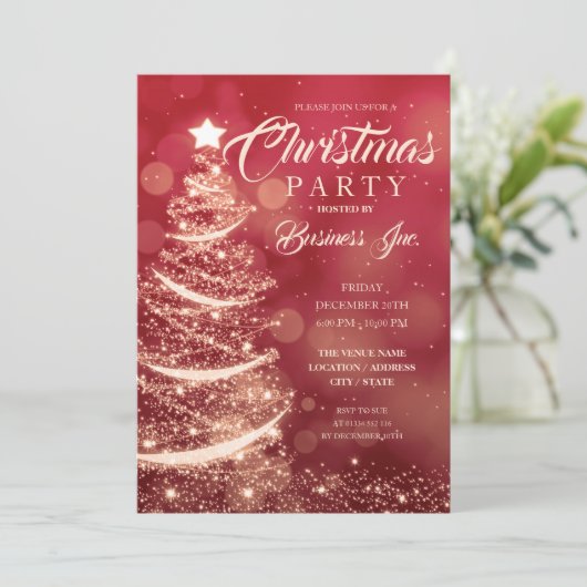 企業のクリスマスツリー輝く赤い金ゴールドパーティー 招待状 (スタンド正面)