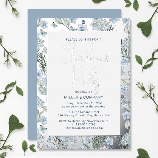 企業のクリスマスパーティーブルーバタフライフローラ 箔招待状
