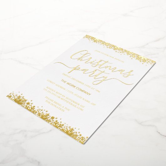 企業のクリスマスパーティーホワイト金ゴールドスノーフレーク 箔招待状 (回転した状態)