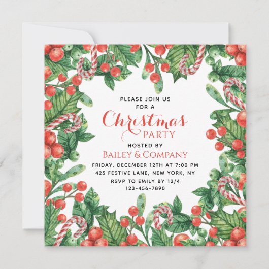 企業のクリスマスパーティー水色フローラ 招待状 (正面)