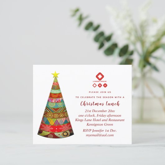 企業のクリスマス招待状（ロゴを追加）フォークアートツリー (スタンド正面)