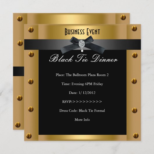 企業のビジフォーマルネス黒タイ金ゴールドメタル 招待状 (正面/裏面)