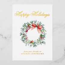 企業のホリデーシーズンにぴったりなクリスマスリースのグリーティングカード（金箔仕様）