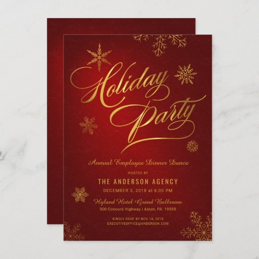 企業のホリデーパーティエレガント金ゴールド雪 招待状 (正面/裏面)