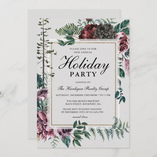 企業のホリデーパーティ素朴フローラボタニカル 招待状 (正面/裏面)