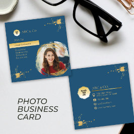 企業の金ゴールドと青、写真を図形に追加カスタムする スクエア名刺