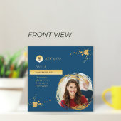 企業の金ゴールドと青、写真を図形に追加カスタムする スクエア名刺