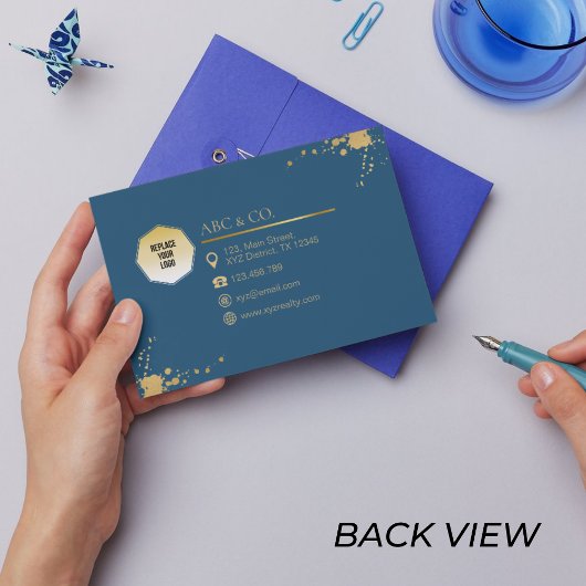 企業の金ゴールドと青、写真を図形に追加カスタムする 名刺