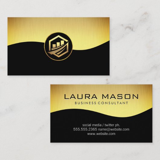 企業の金ゴールド黒 |金ゴールド財務グラフアイコン 名刺 (正面/裏面)
