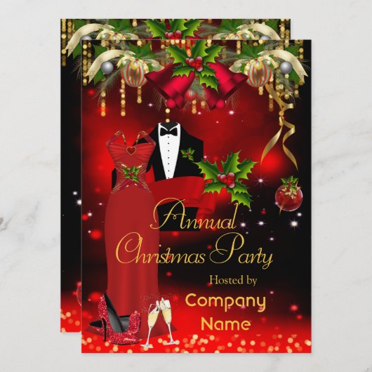 企業フォーマルクリスマスホリデーパーティーレッド 招待状 (正面/裏面)