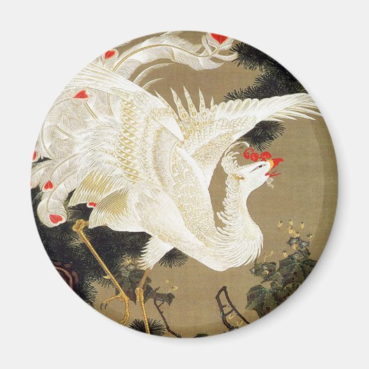 伊東若冲の松の木と白の鳳凰 マグネット (正面)