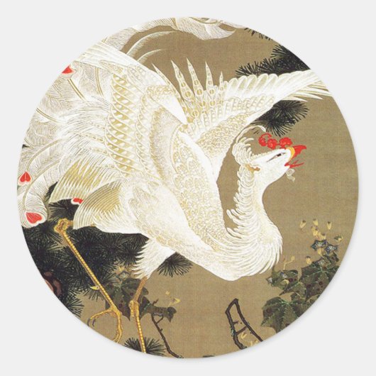 伊東若冲の松の木と白の鳳凰 ラウンドシール (正面)