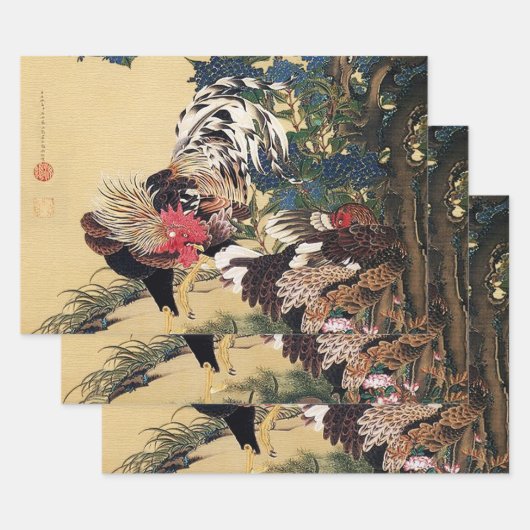 伊藤若冲によるニワトリとアジサイ ラッピングペーパーシート (セット)