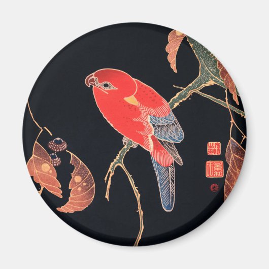 伊藤若冲の赤いオウム マグネット (正面)