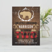 伐採作業員の2歳誕生日 木製プレート チェック柄 招待状 (スタンド正面)