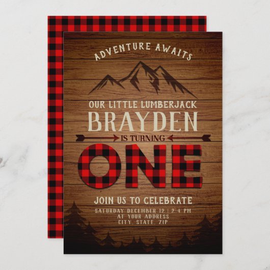 伐採者チェック柄の1歳誕生日 招待状 (正面/裏面)