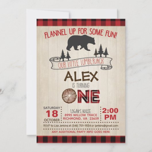 伐採者 1歳の誕生日招待状 - 赤/クマ 招待状 (正面)