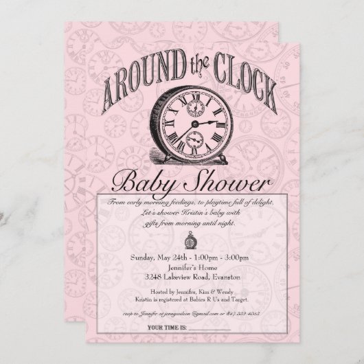 休みなくベビーシャワーの招待状-ピンク 招待状 (正面/裏面)