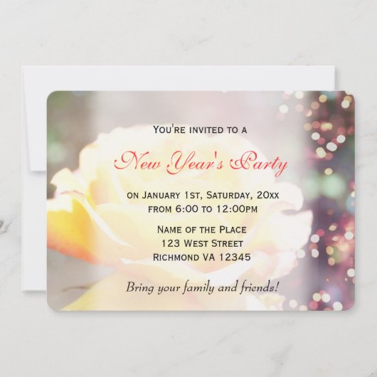 休ファンシーみ黄色バラ花新年のパーティー 招待状 (正面)