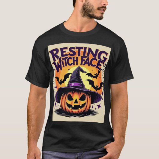 休息の魔女顔 – 面白いハロウィンカボチャ Tシャツ (正面)