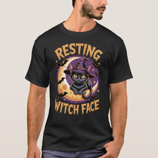 休息ウィッチ顔ブラックキャットハロウィーン猫好き Tシャツ (正面)