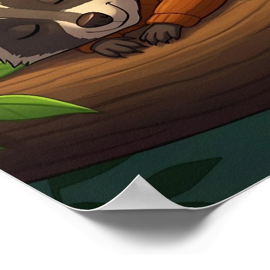 休息中のアライグマ | かわいいマンガの子どもの子供部屋アート ポスター (角)