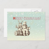 休憩を取っているトナカイおよびサンタクロース シーズンポストカード (正面/裏面)