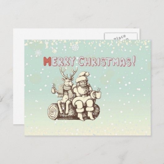 休憩を取っているトナカイおよびサンタクロース シーズンポストカード (正面/裏面)