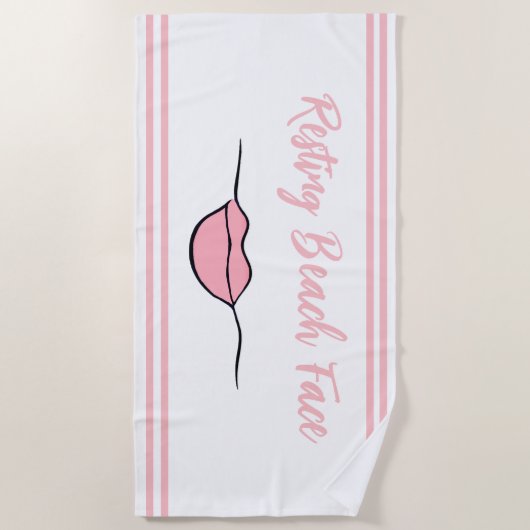 休憩ビーチ顔唇ホワイトとピンクのビーチタオル ビーチタオル (正面)