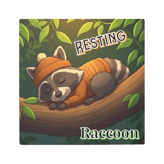 休憩中のアライグマ | かわいい漫画の子供部屋アート メタルプリント (正面)