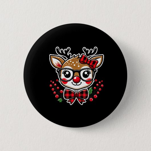 休日おもしろいかわいいクリスマストナカイと格子弓 缶バッジ (正面)