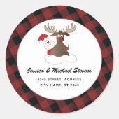 休日おもしろい漫画トナカイのサンタの格子模様ラベル ラウンドシール (正面)