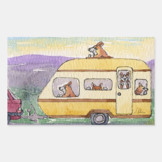 休日にオフ – キャラバンでコーギ犬 長方形シール (正面)