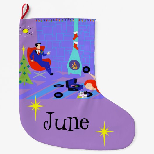 休日のクリスマスのストッキングのためのレトロの家 ラージクリスマスストッキング (正面)