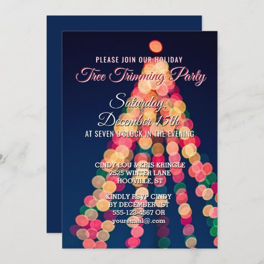休日のクリスマスツリーのトリミングのパーティの招待状 招待状 (正面/裏面)