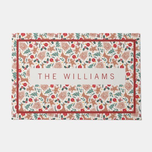 休日のジンジャーブレッド、トナカイ、クリスマスツリー ドアマット (正面)