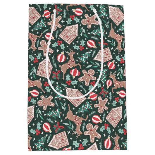 休日のジンジャーブレッド、トナカイ、クリスマスツリー ミディアムペーパーバッグ (正面)