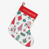 休日のパタカラフルーン | かわいいモダン冬の木 ラージクリスマスストッキング (正面 (吊り時))