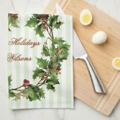 休日のパーソナライズなヴィンテージのヒイラギのリース キッチンタオル (四つ折り)