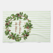 休日のパーソナライズなヴィンテージのヒイラギのリース キッチンタオル (横)